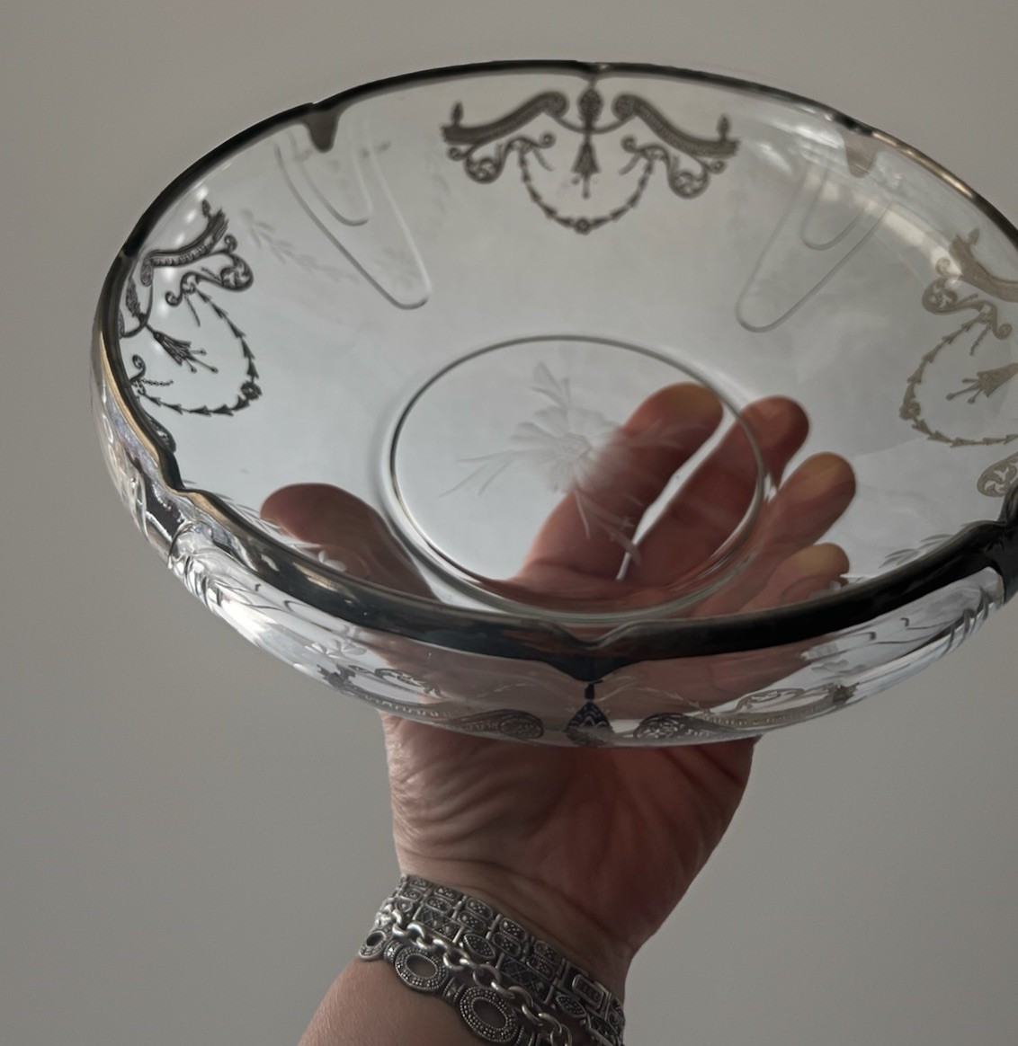 Antique Edwardian Bowl 9” in Diameter With Sterling Silver Inlay Etched 1900’s