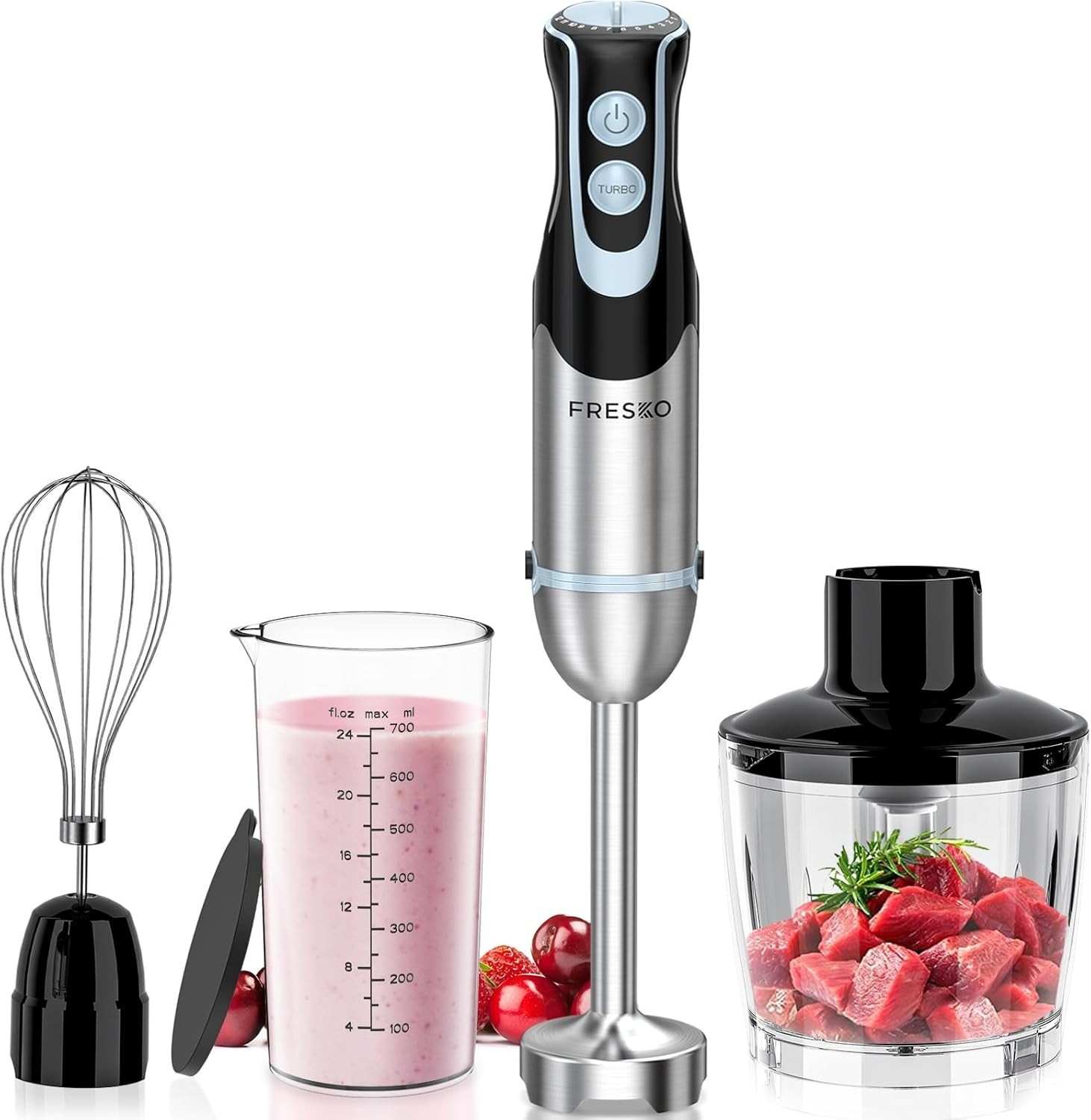 500W 4-in-1 Stainless Steel Immersion Blender with 12 Speeds & Turbo Function