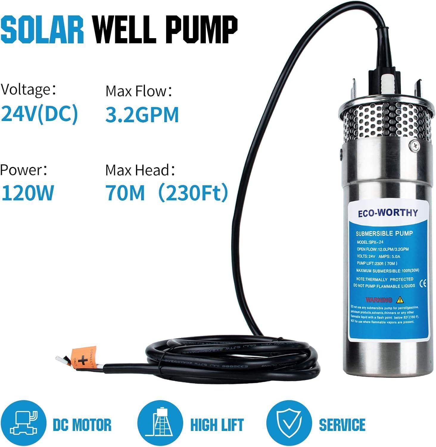 24V Solar Well Water Pump Kit 100W Solar Panels 50AH Lithium Battery