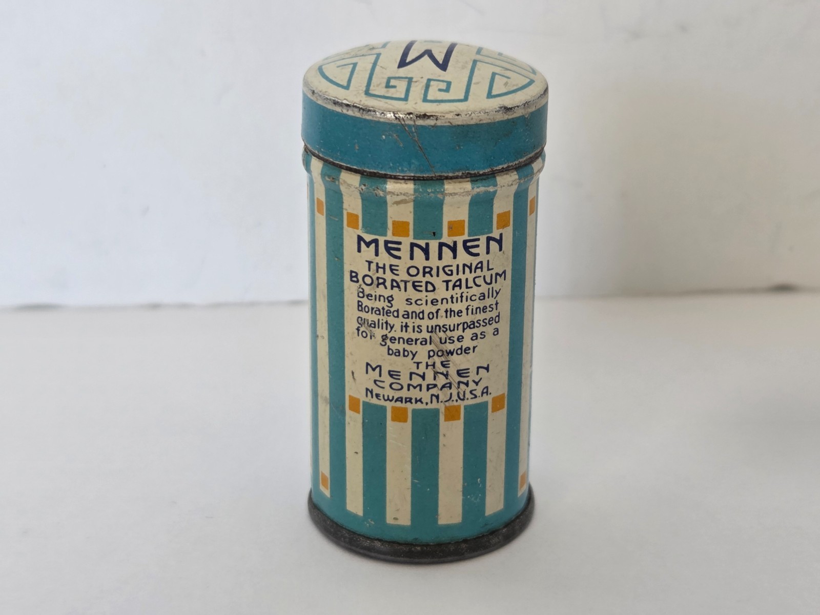 Vintage Mennen Borated Talcum Tin Baby Powder USA Sample Size Advertising Empty