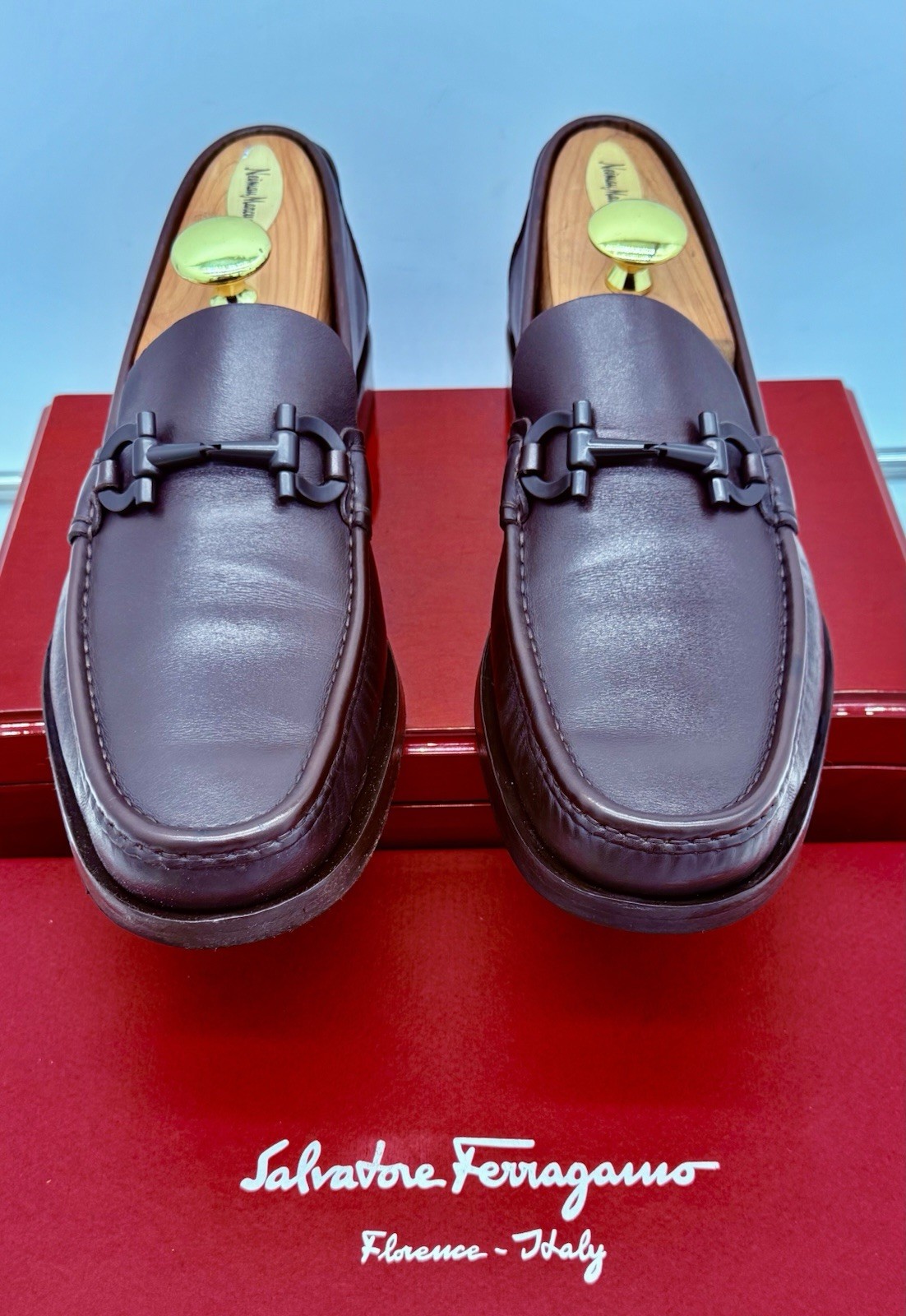 Ferragamo Mens Brown Loafers 10 Gancini Horse Bit Leather Luxe Shoes