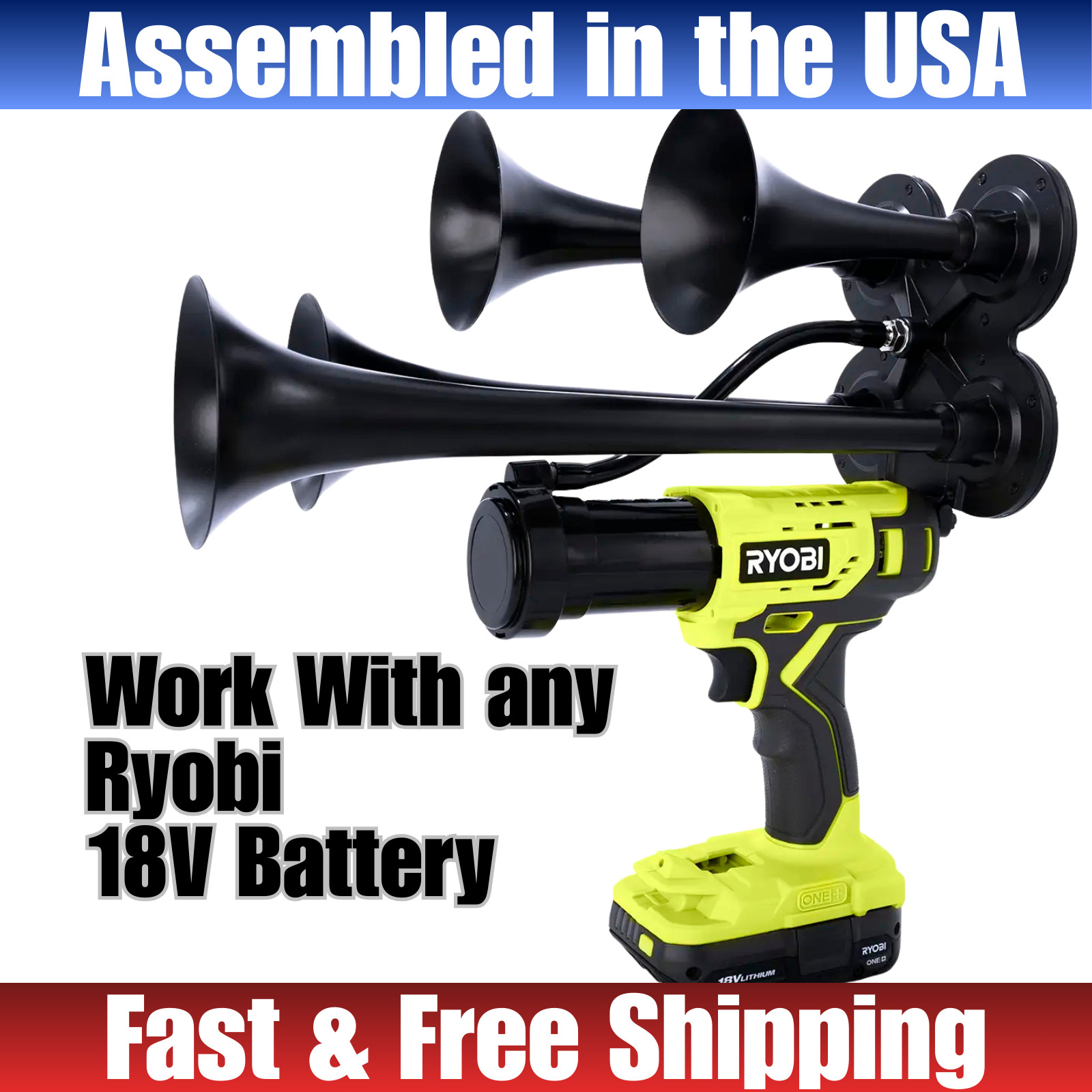 Ryobi 18V Impact Train Horn Quad 4 Trumpet | 2 Remotes | Assembled in USA