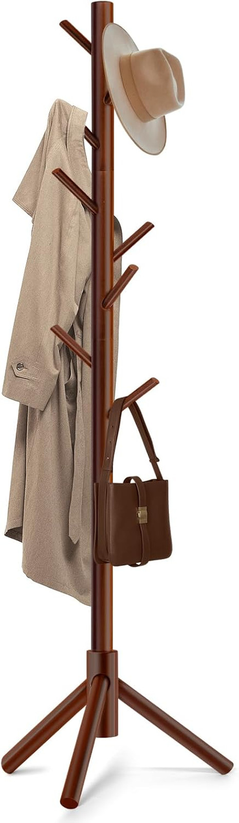Solid Wooden Coat Rack Freestanding, New Zealand Pine Coat Tree with 8 Hooks & 3
