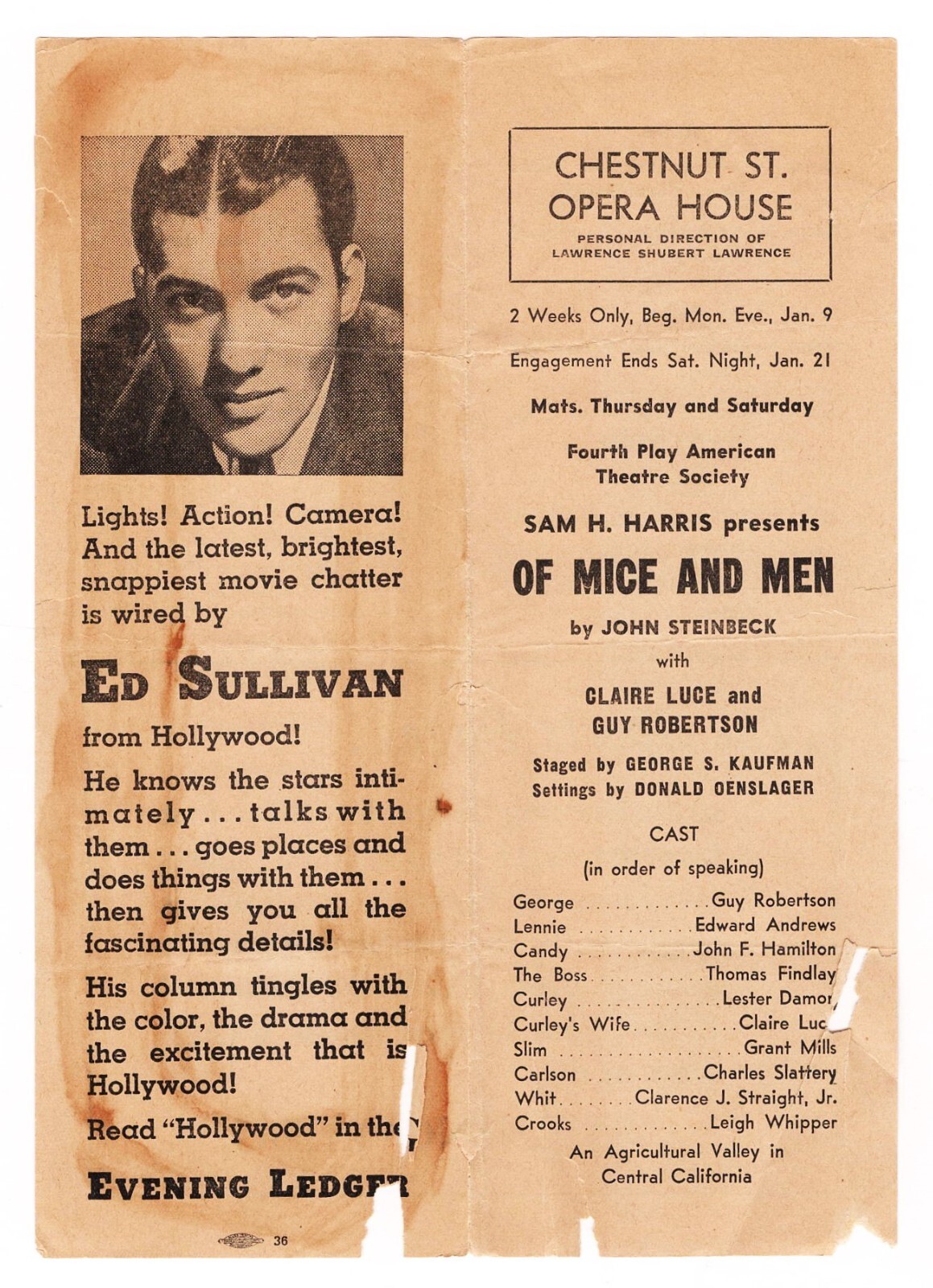 John Steinbeck "OF MICE AND MEN" Claire Luce / Guy Robertson 1939 Playbill