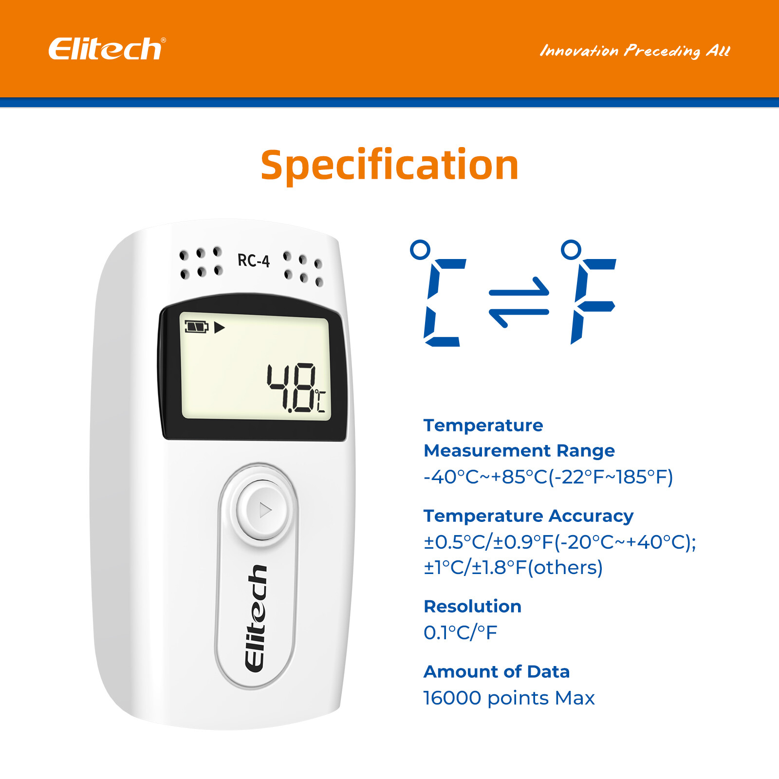 Elitech RC-4 Temperature Data Logger USB Recorder w/ External Probe -40℉~185℉
