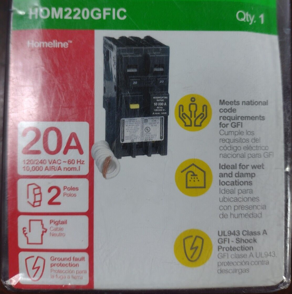 SQUARE D HOM220GFIC CIRCUIT BREAKER 20 AMP 2-POLE GFCI NEW IN PACKAGING