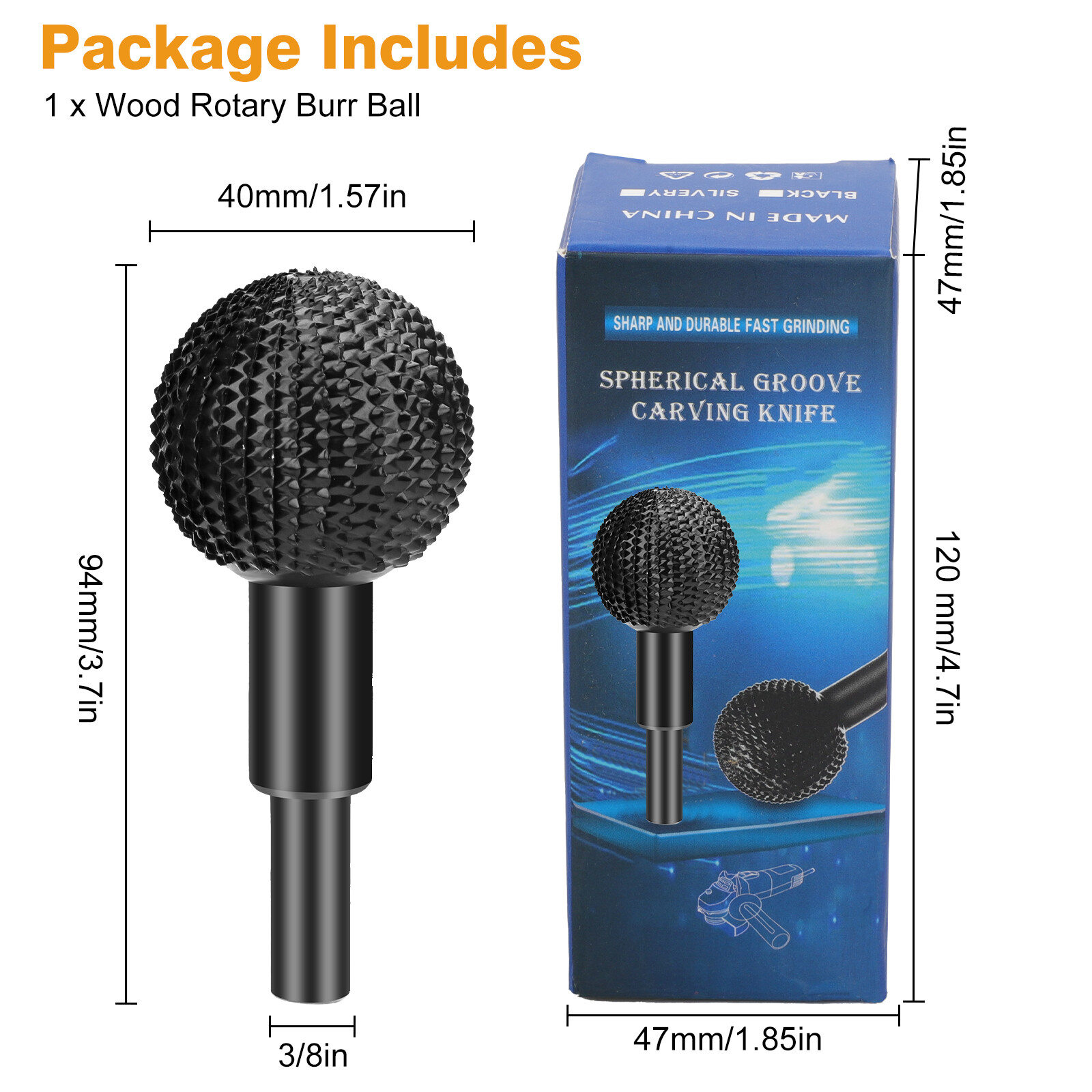 40mm Sphere Rotary Burr Carbon Steel Wood Carving Burrs Ball Grinding Head