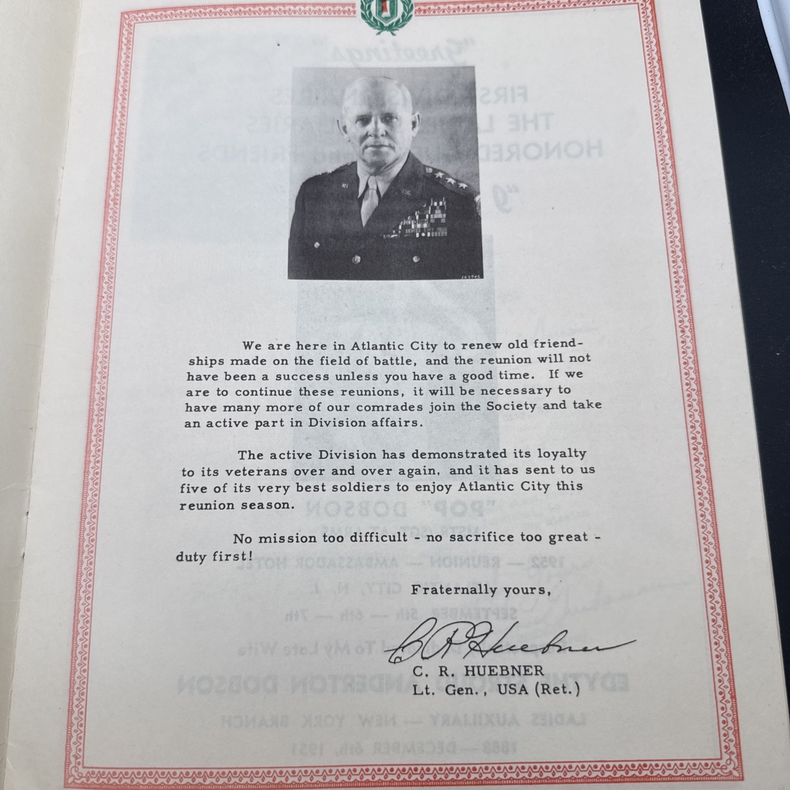 WWI 34th Annual Reunioin First 1st Infantry Division Big Red One 1952