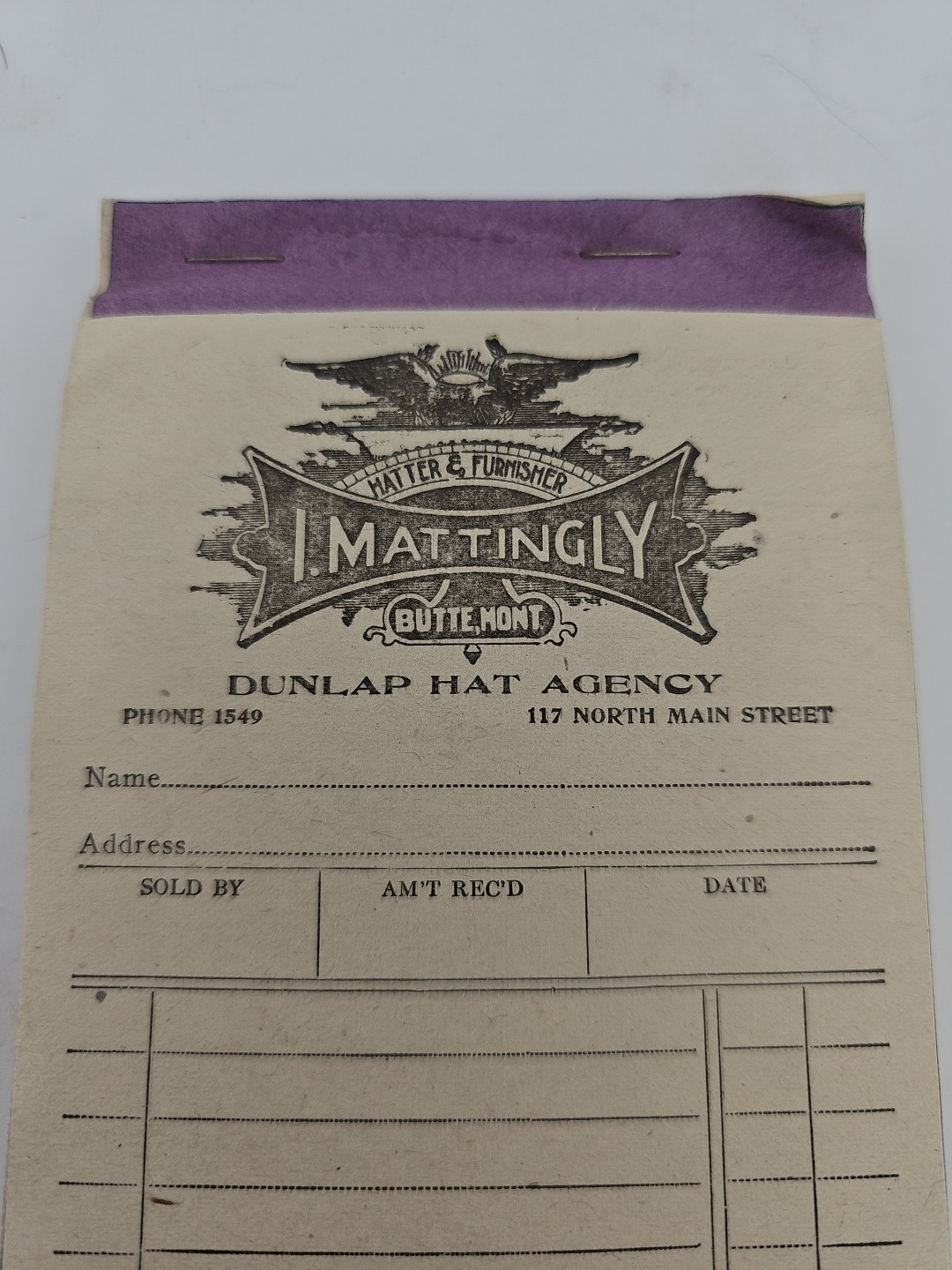 Vtg. 50 Recept Book forDunlap Hat Agency, 1901 Letterhead, Matter & Furmisher