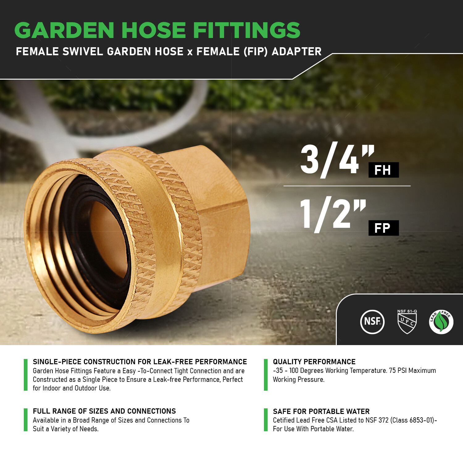 Swivel Garden Hose Adapter, 3/4" FH x 1/2" FIP Swivel, Brass Lead Free 10 Pack
