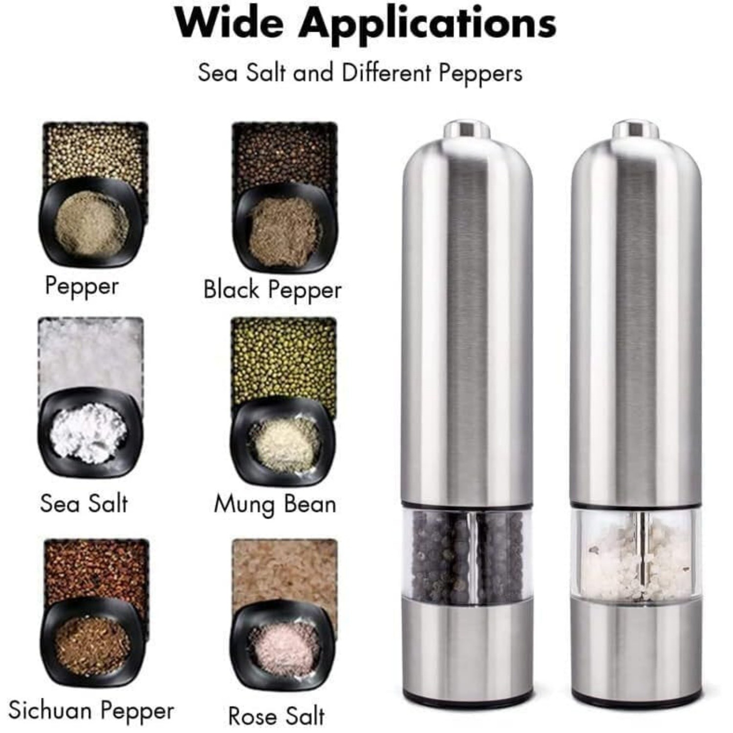 2x Light Up Electric Salt & Pepper Mill Stainless Steel Electronic Grinder Pots