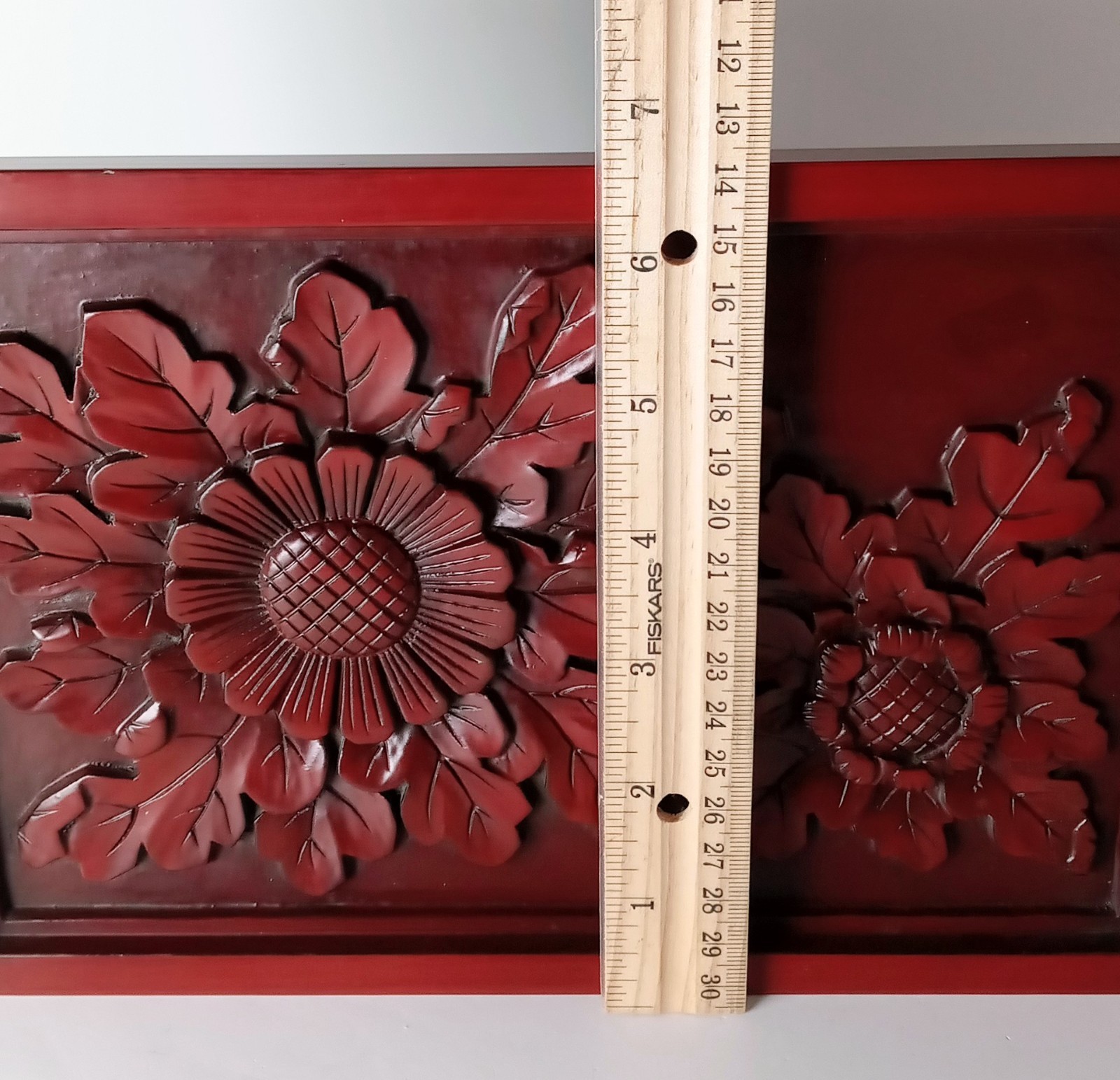 Japanese Kamakura-bori Lacquerware Carved Floral Wood Panel