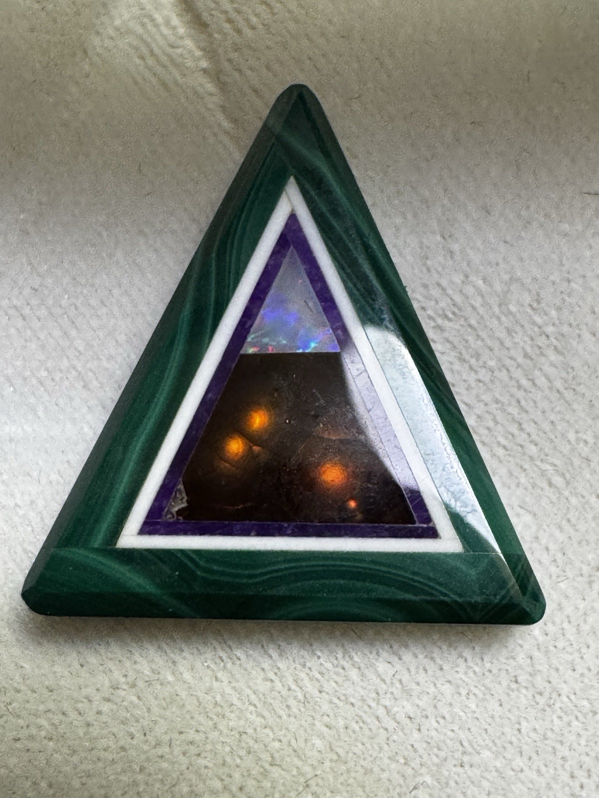 Jim Kaufmann Intarsia Malachite Fire Agate Opal Sugilite Triangle 17.96ct