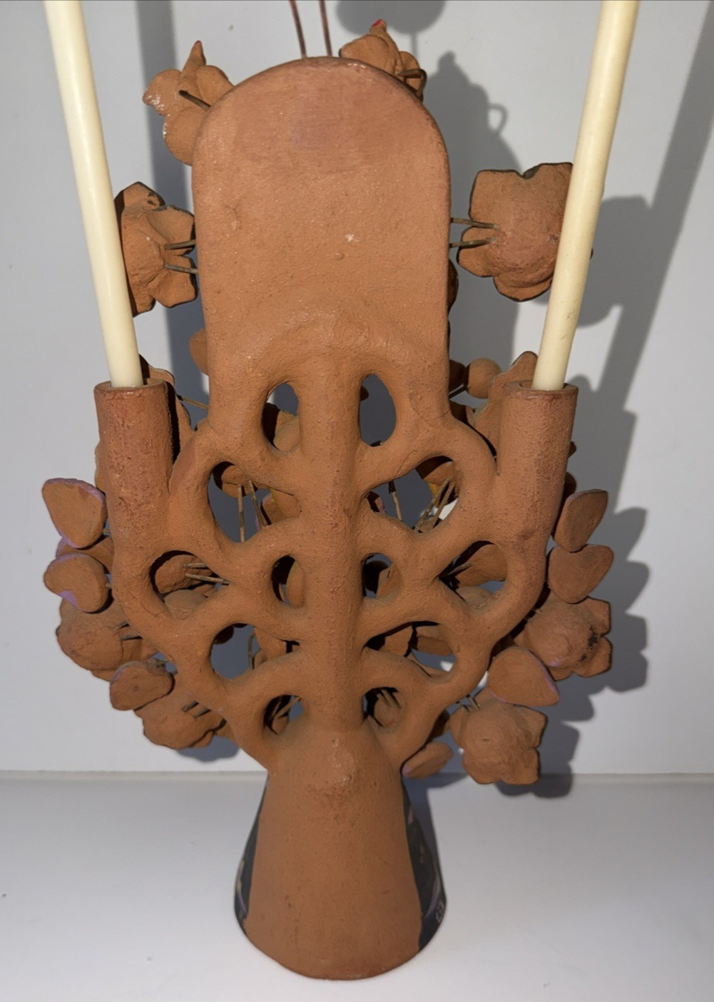 Mexican Clay TREE of LIFE Handmade Multi Color Folk Art Candelabra 12.5" Tall