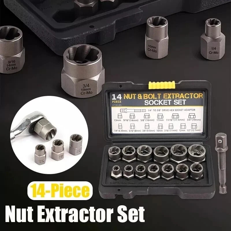 14PCS Impact Bolt Extractor Set Nut Remover Stripped Extraction Socket Tools