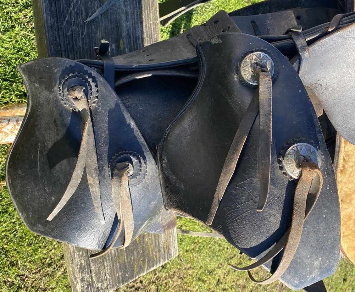 Antique/Vintage J. C. Higgins 15.5” slick seat Western saddle w/tapaderos