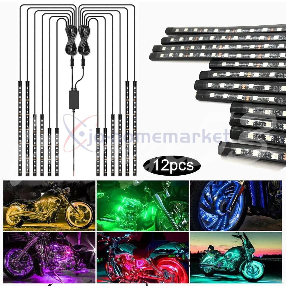 12PC RGB Bluetooth Motorcycle LED Light Under Glow Neon Strip Remote Control Kit