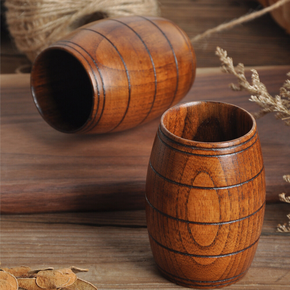 Wooden Barrel Shaped Beer Mug Classical Natural Solid Wood Drinking Cup