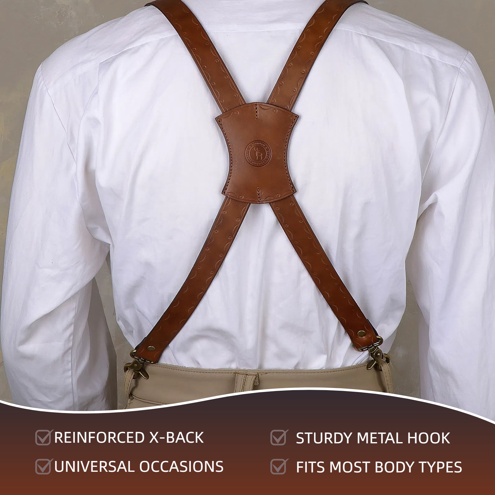 Tourbon Leather Men's Suspenders X Back Adjustable X-Shaped Hooks Pants Braces