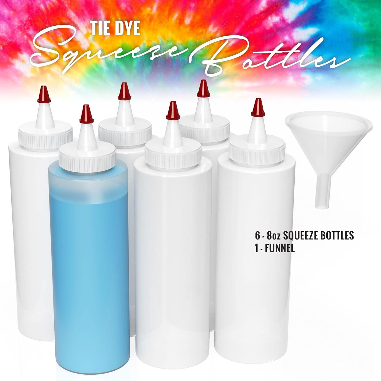 Tie Dye 8Oz Squeeze Bottles (6 Pack) with 2" Funnel - Precise Dispenser for A...