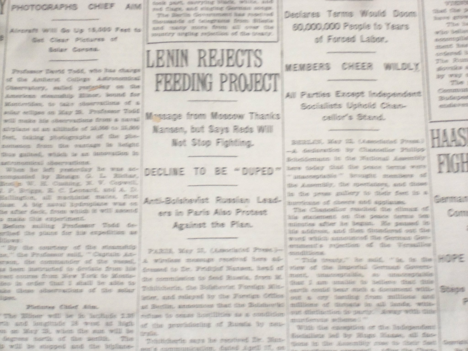 1919 MAY 14 NEW YORK TIMES - LENIN REJECTS FEEDING PROJECT - NT 9247