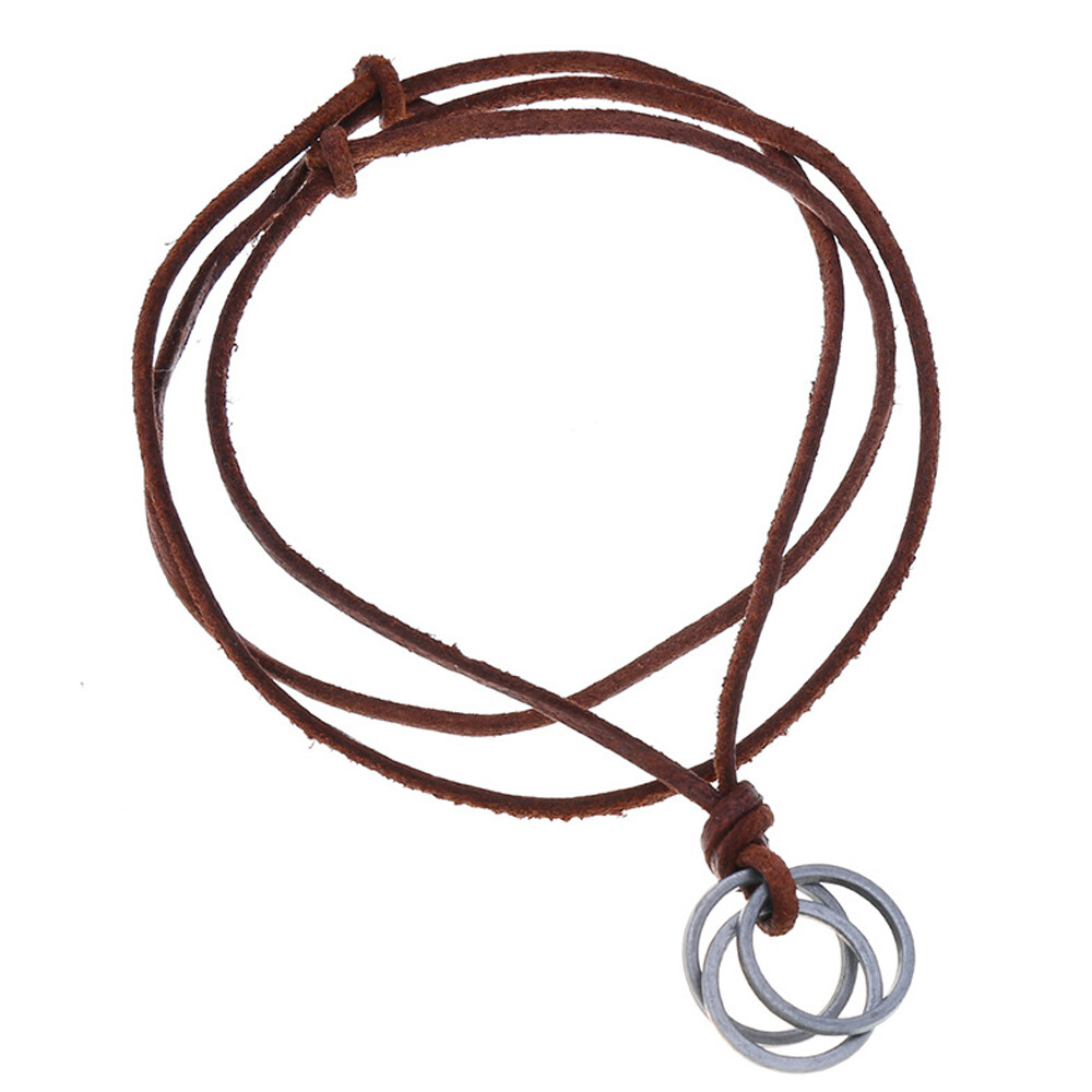 Retro Metal Rings Pendant Genuine Leather Surfer Choker Long Necklace Brown Mens