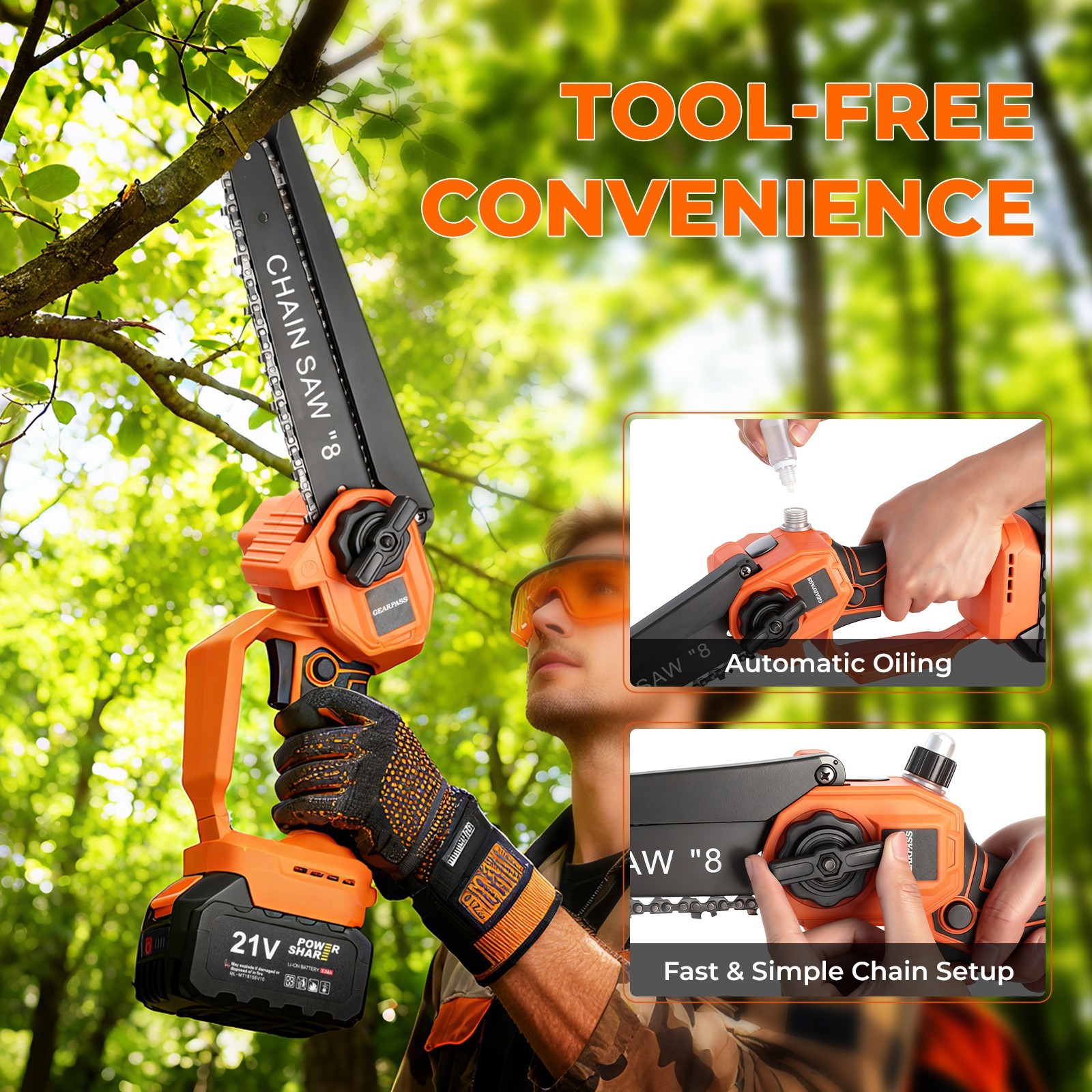 4-in-1 Cordless Pole Saw & Pole Pruning Shears Combo Kit Chainsaw Cutter 8 Inch