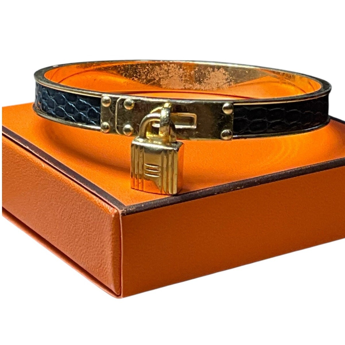 105. Hermes Lizard Kelly Lock Black & Gold Bangle