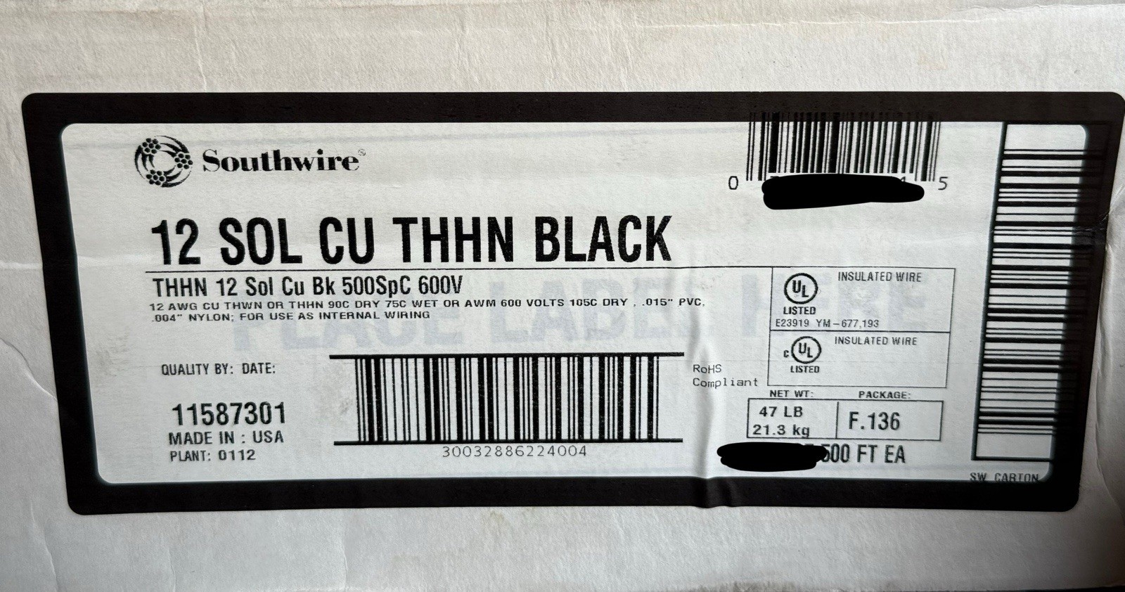 NEW Southwire 11587301 THHN Building Wire Solid Cu, 12 AWG, Black, 500 ft.