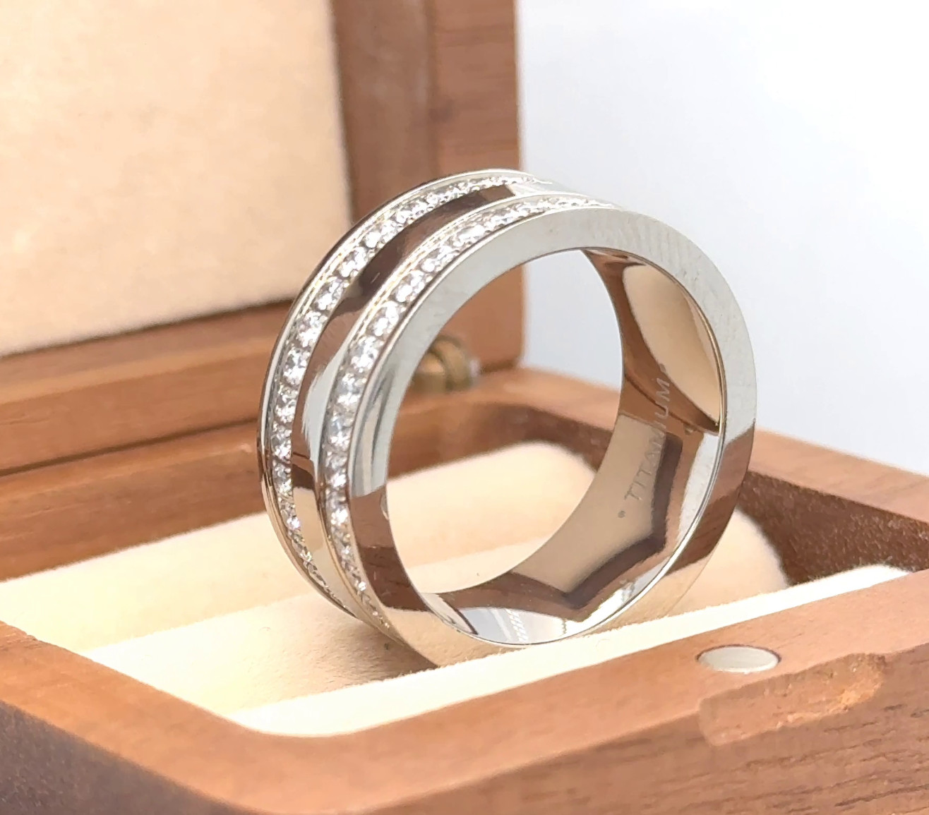 Mens Titanium Ring, Titanium Wedding Band, CZ Eternity Ring, Round cut CZ Band