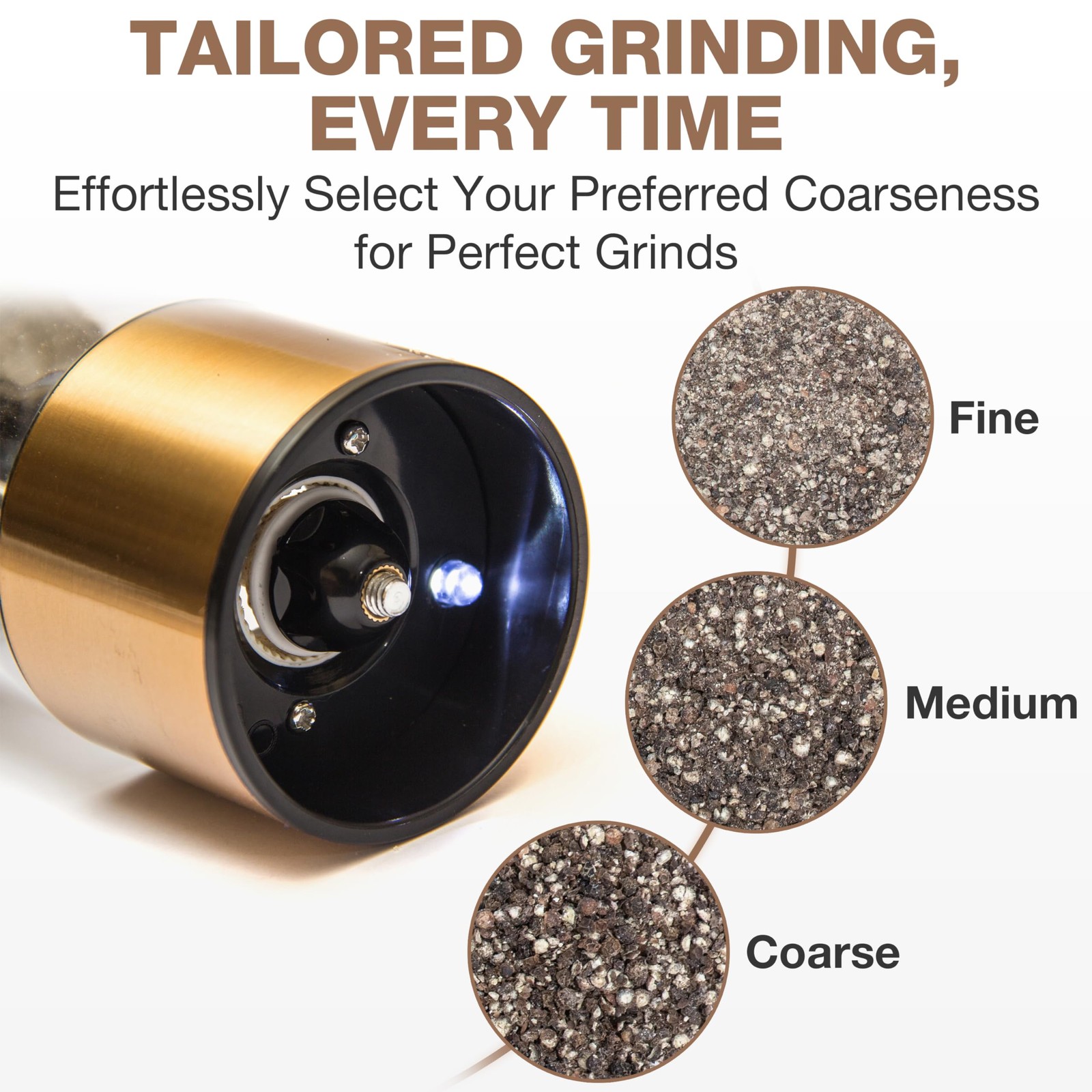 Brass Salt and Pepper Mill - Battery Operated Gold Pepper Grinder with Cerami...