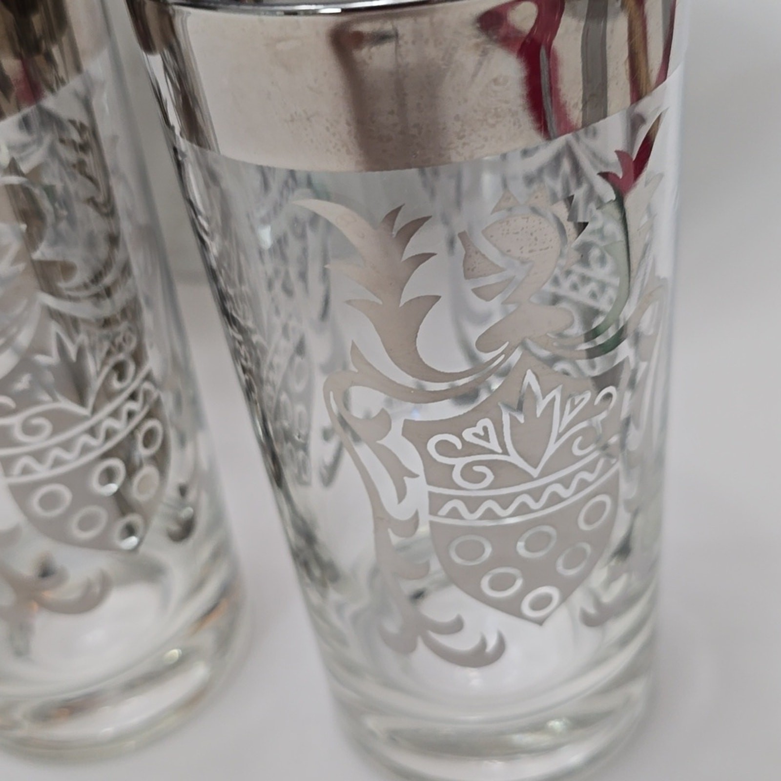 Vintage MCM Set Of 4 Kimiko Silver Knight Shield Highball Glasses Barware