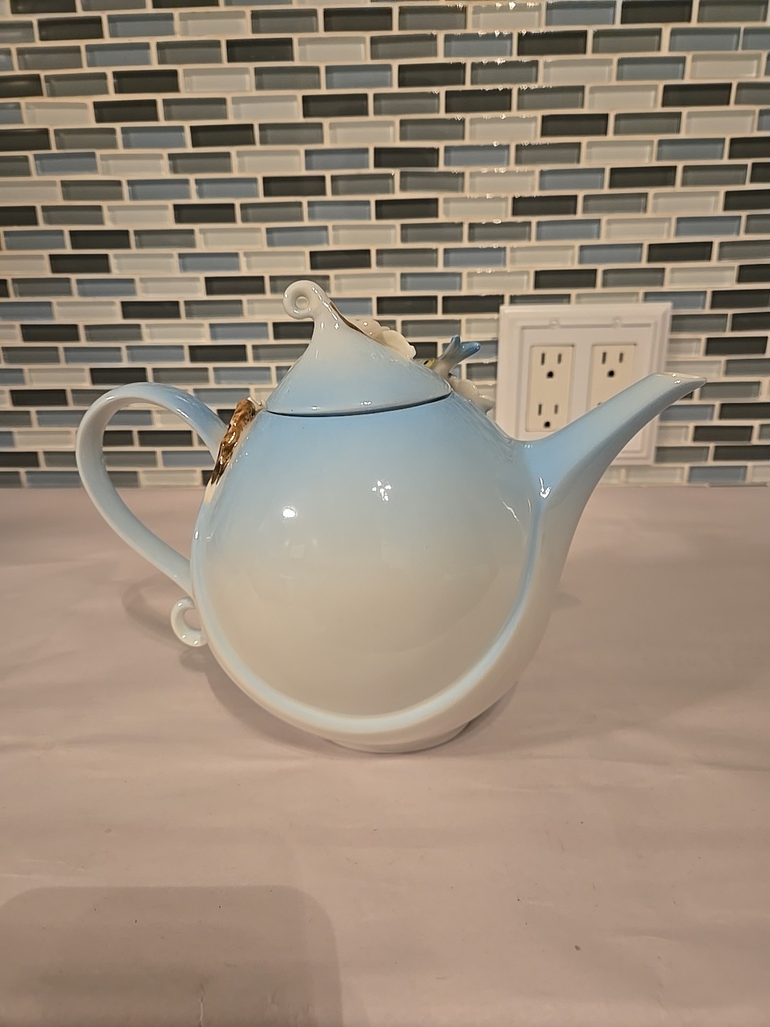 Pier 1 Imports Hand Painted Porcelain 3D Decorative Teapot Birds Flowers 7”