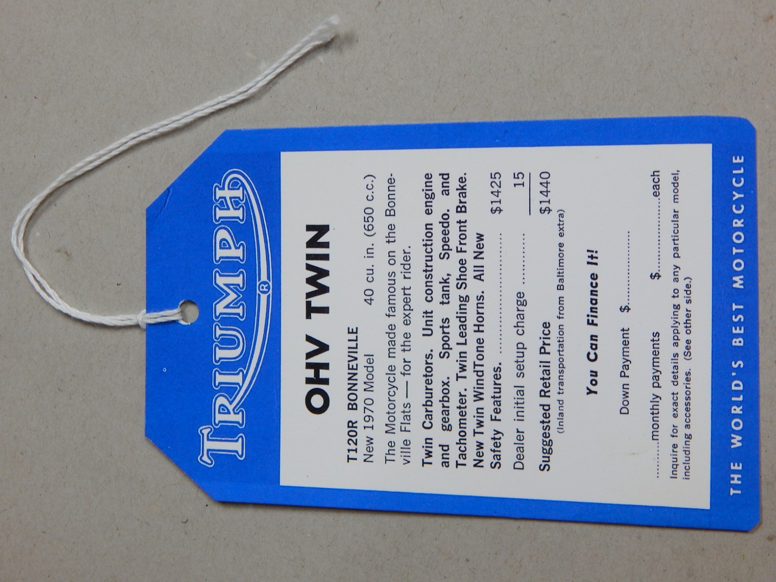 TRIUMPH DEALER SHOWROOM HANG TAG BONNEVILLE T120R 1970 - REPRO - 650 GIFT TRICOR