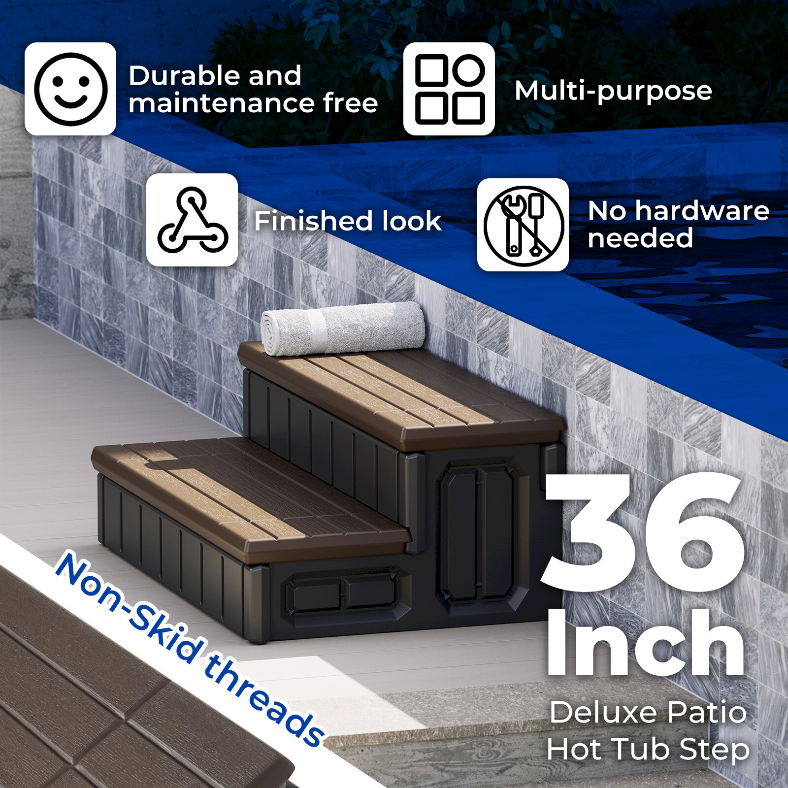 Brown+Black Universal 2 Slip-Resistant Spa & Hot Tub Step Outdoor with Storage