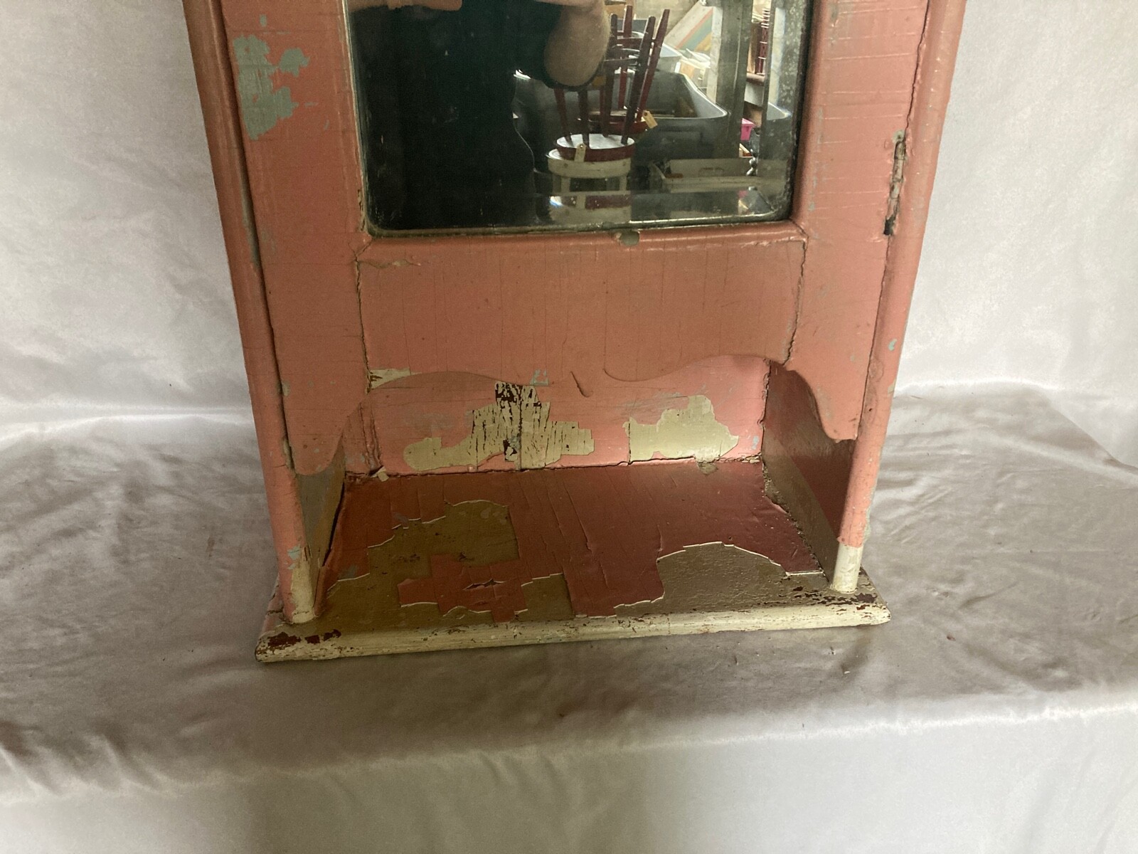 Shabby Antique Oak Medicine Cabinet Beveled Mirror Pink Cottage Chic Vtg 47-26E