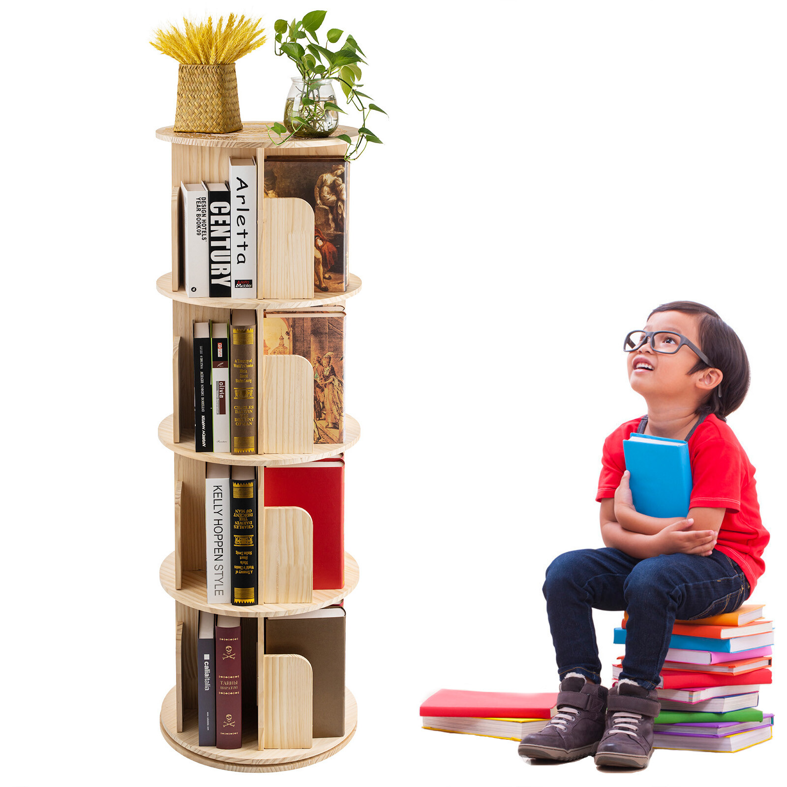 4 Tier 360° Rotating Bookshelf Bookcase Storage Shelf Freestanding Display Rack