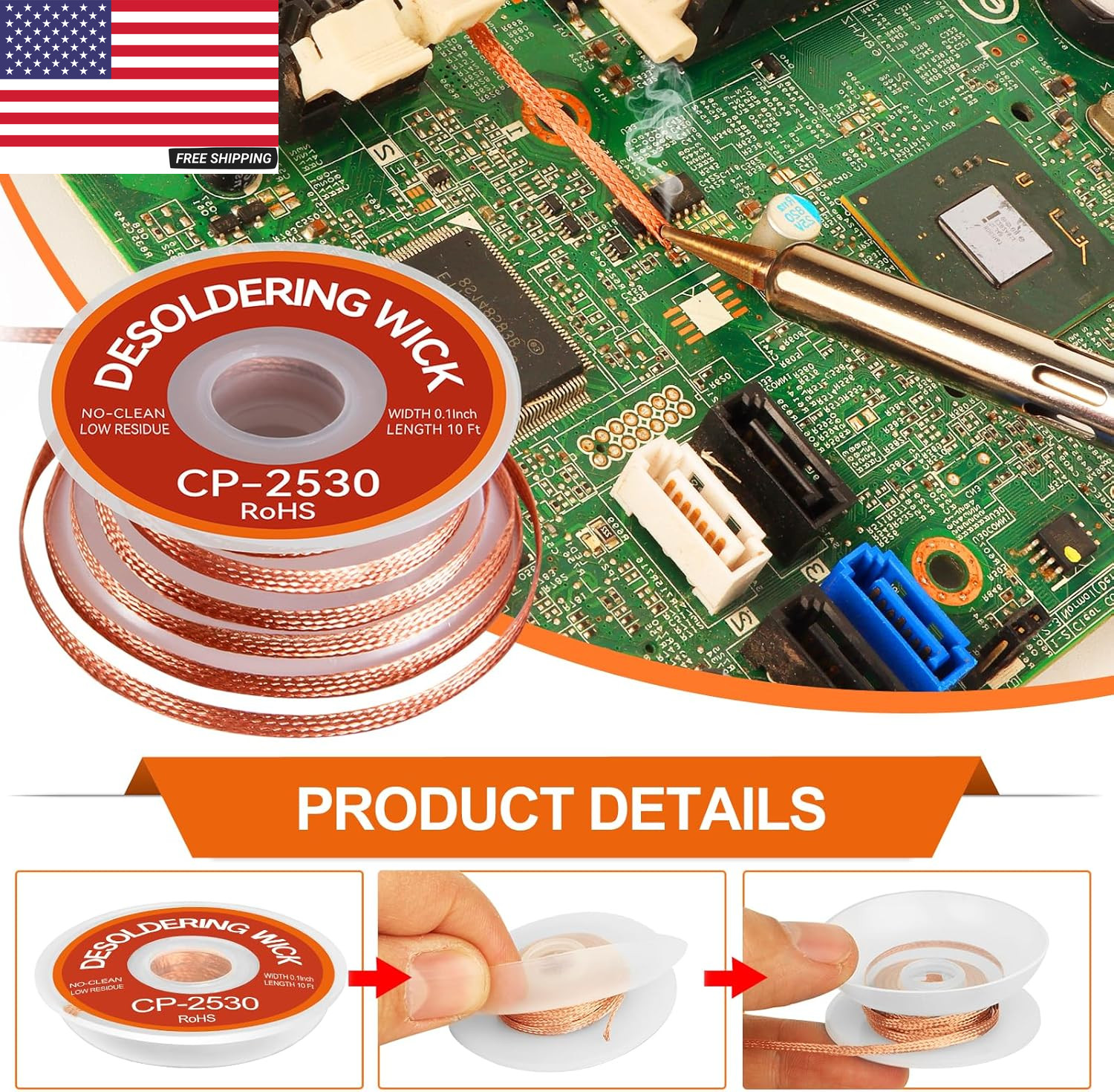 3PCS Premium Desoldering Wick - 3 Sizes Solder Wick Braid (0.08", 0.1", 0.12" X