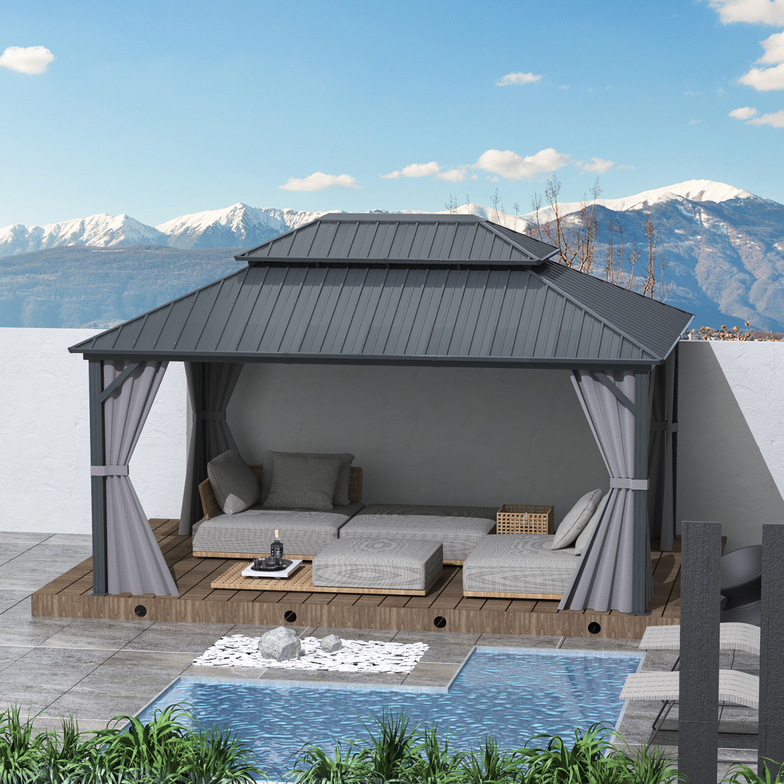 Domi 12’ x 16’ Hardtop Gazebo Outdoor Aluminum Gazebo w/Netting & Curtains, Gray