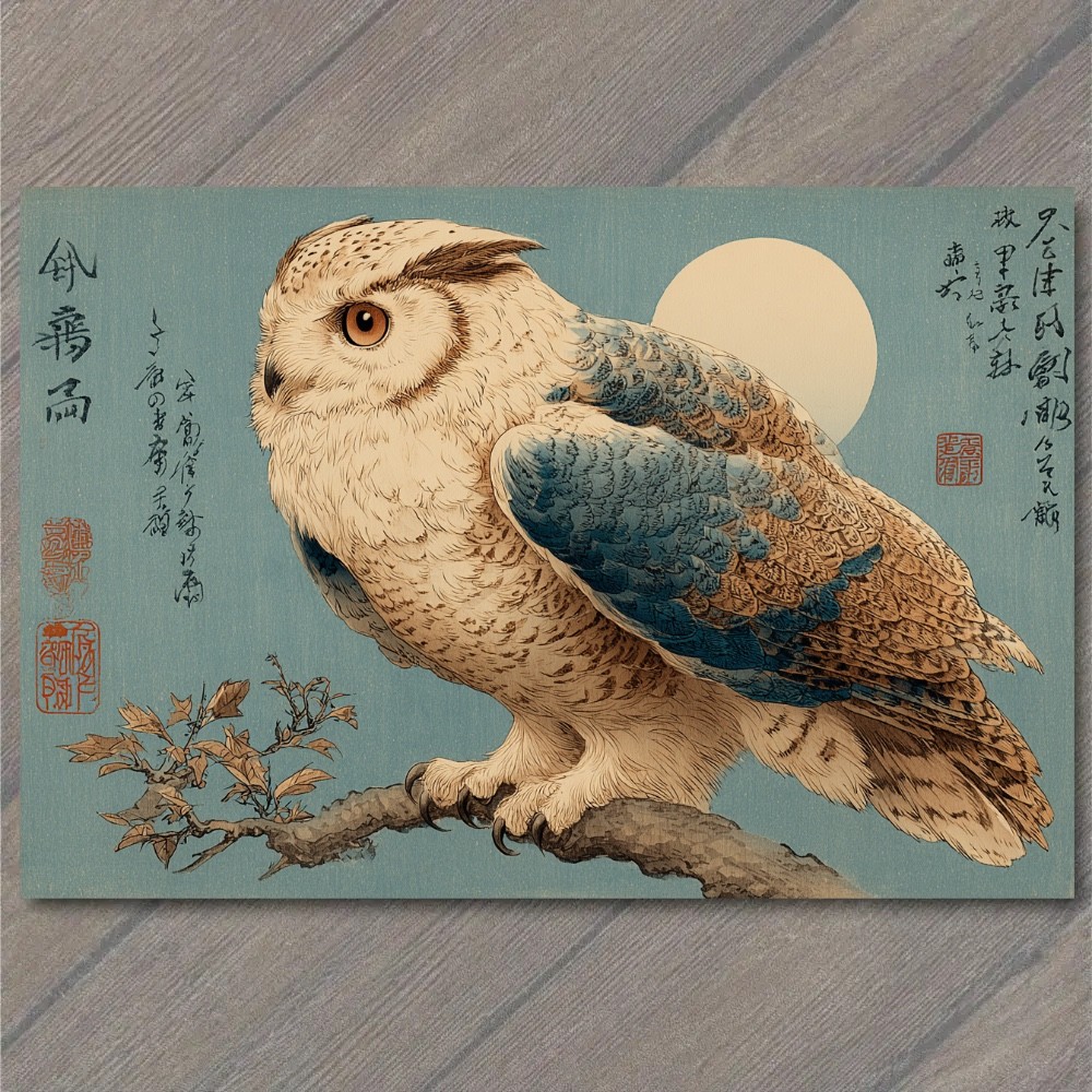 POSTCARD Owl Moon Japanese Calligraphy Woodblock Branch Night Blue Asian