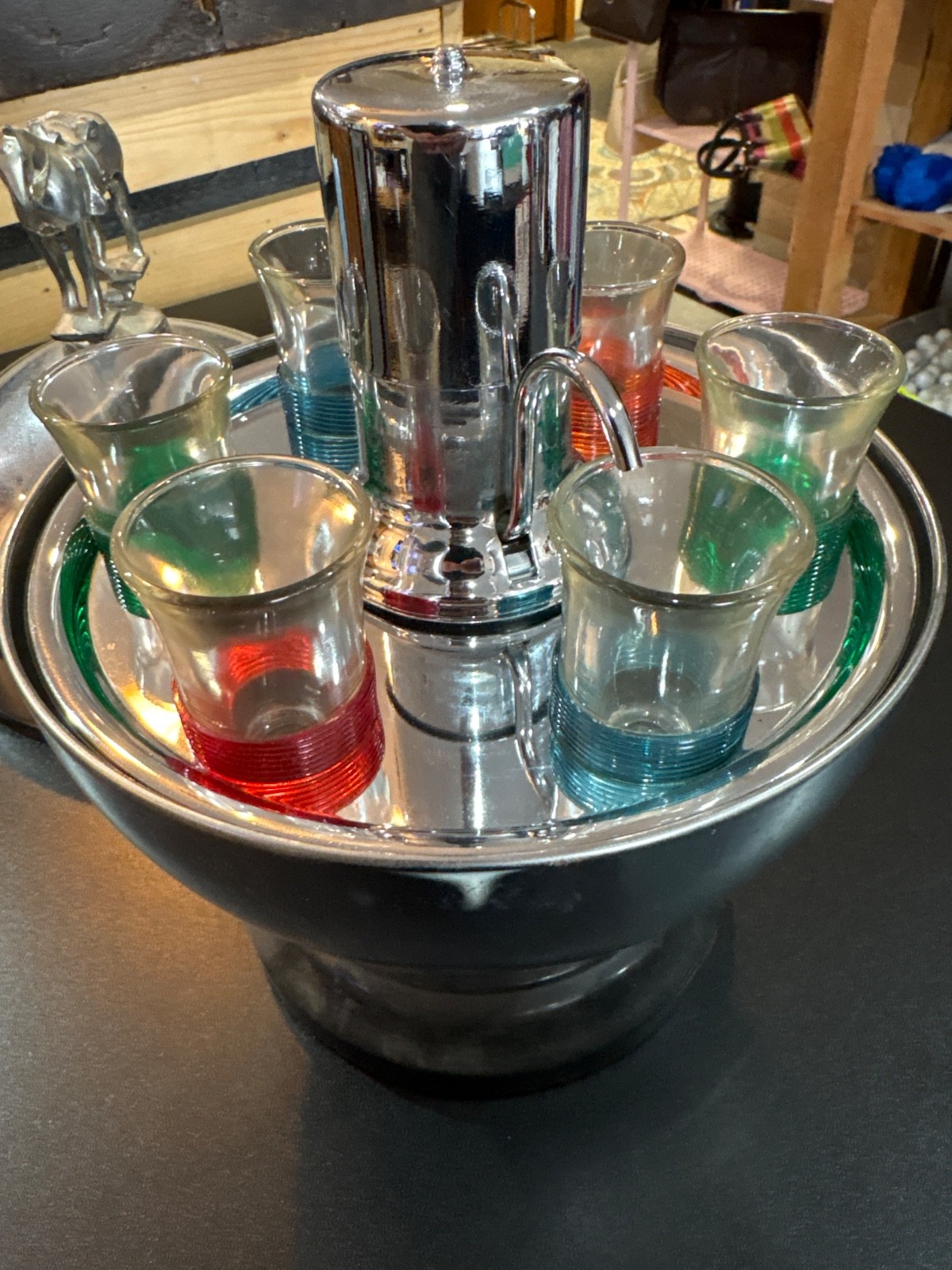 1950s Round Chrome Lidded Mini Tabletop Bar With Metal Sculpture Atop