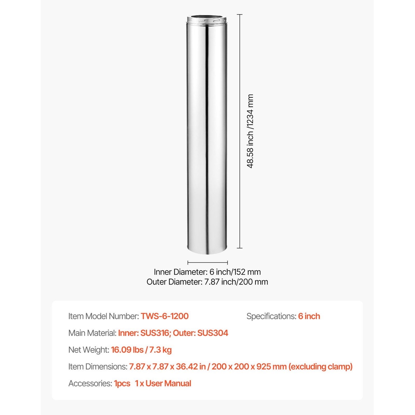 Uimoso 6 x 48 Inch Stainless Steel Insulated Double-Wall Chimney Pipe