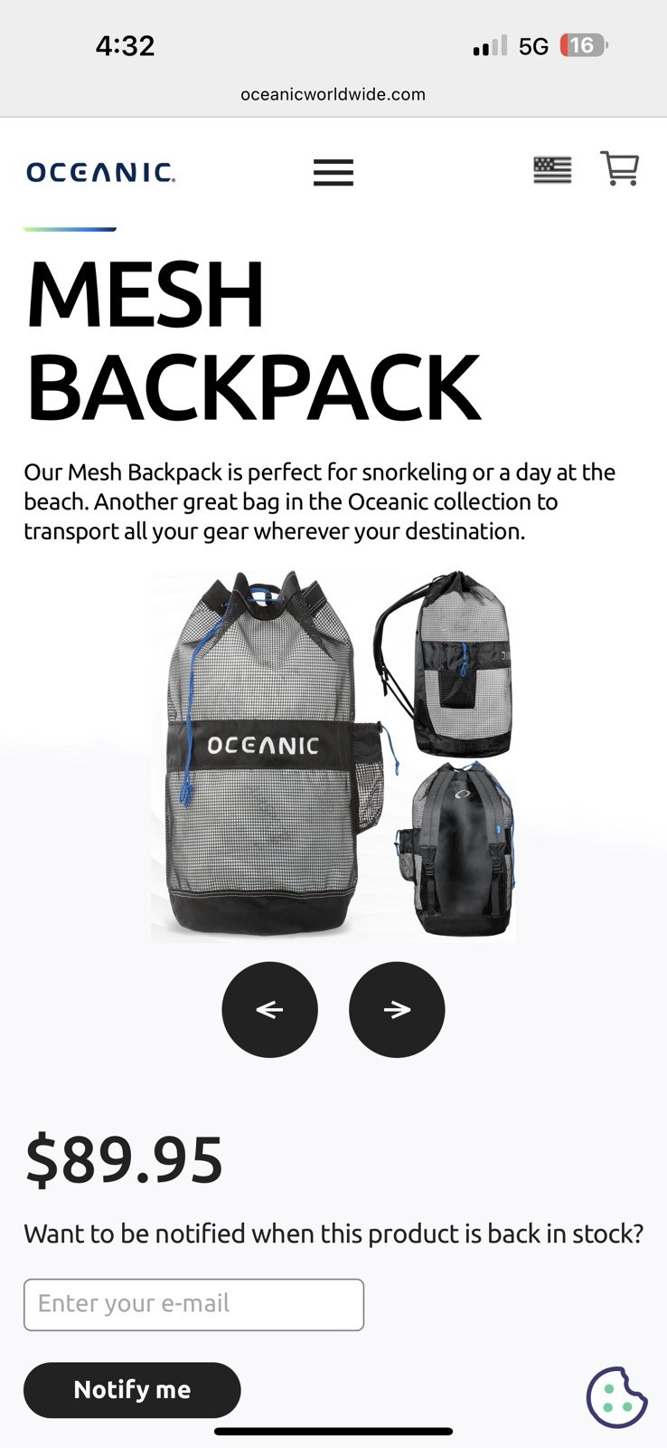 New Oceanic Mesh Backpack Gear Bag 82L Black Scuba Dive Snorkel Beach Swim