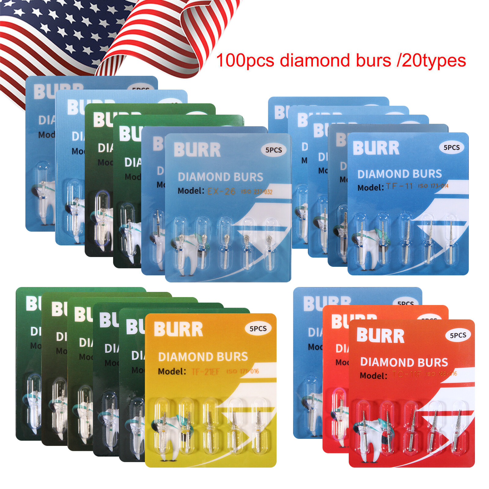 100 fresas diamante para turbina Diamond Burs dental High speed handpiece 1.6mm