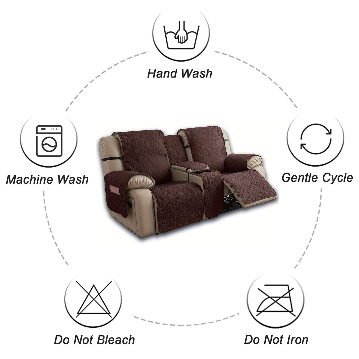 100% waterproof recliner cover double with center console, strap design