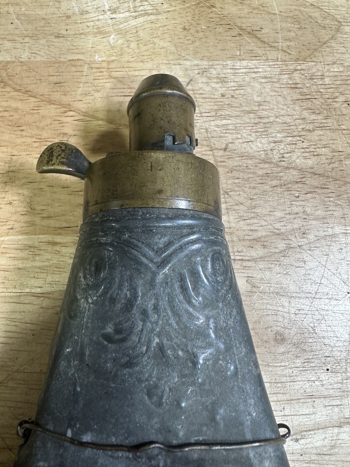 Antique Mid 1800s Era Style Brass And Zinc Powder Flask