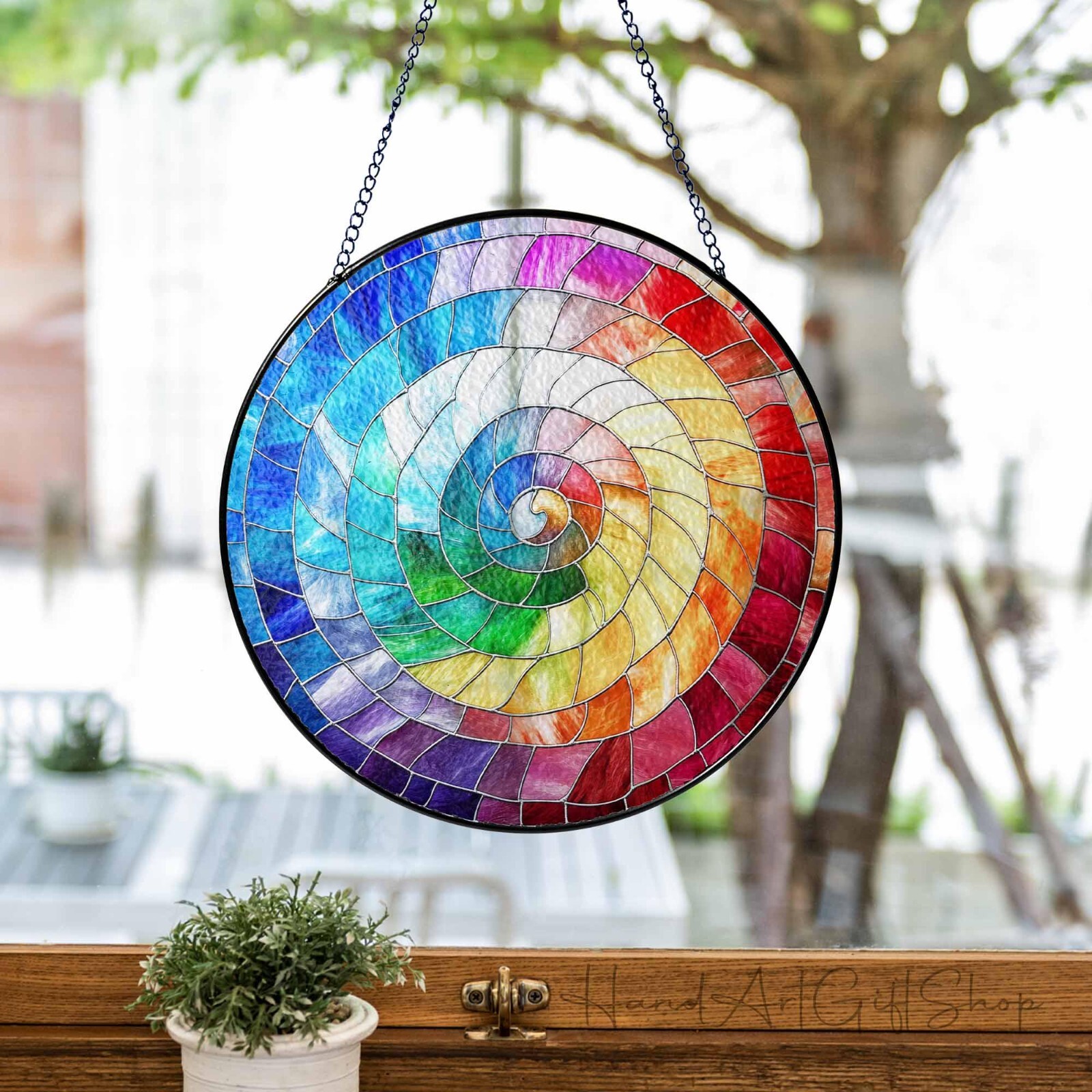 Rainbow Spiral Stained Glass Suncatcher, Spiral Window Hanging Decor