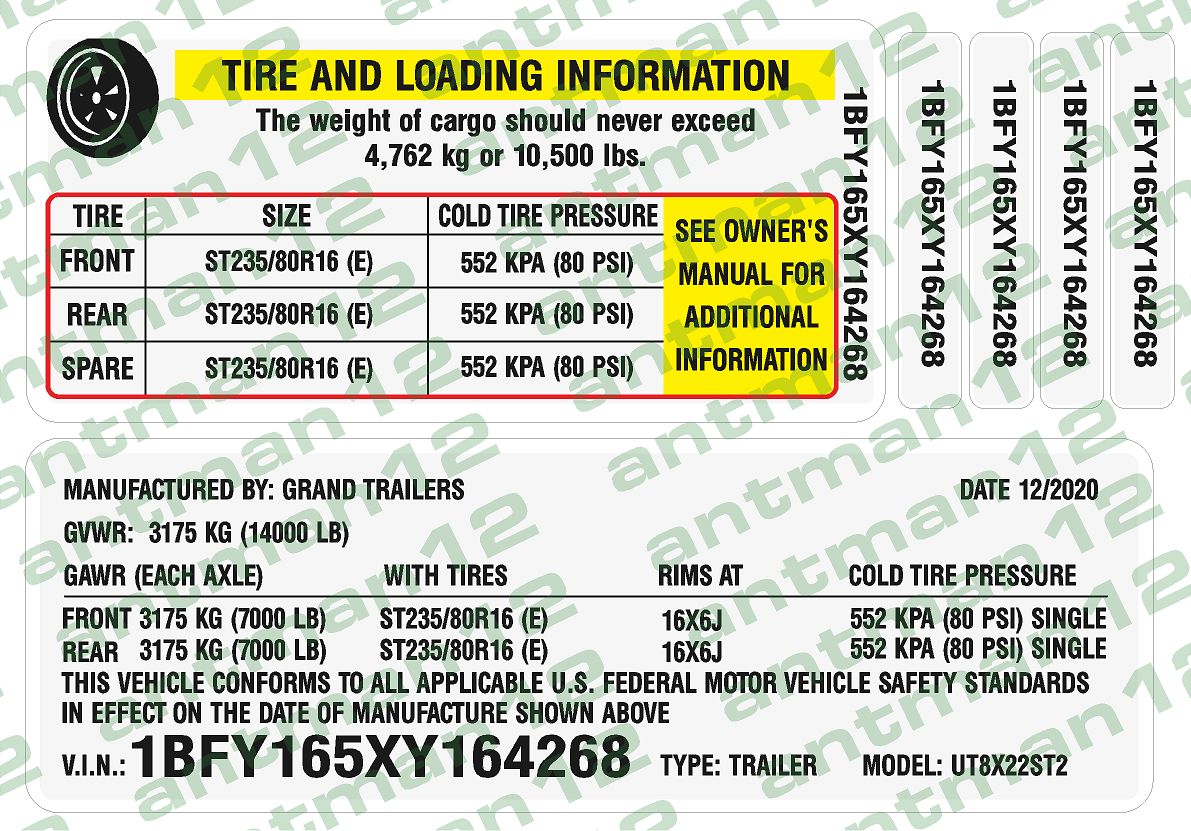 Trailer ID Vin Label and Tire Pressure Decal 3M Professional High Tack Vinyl