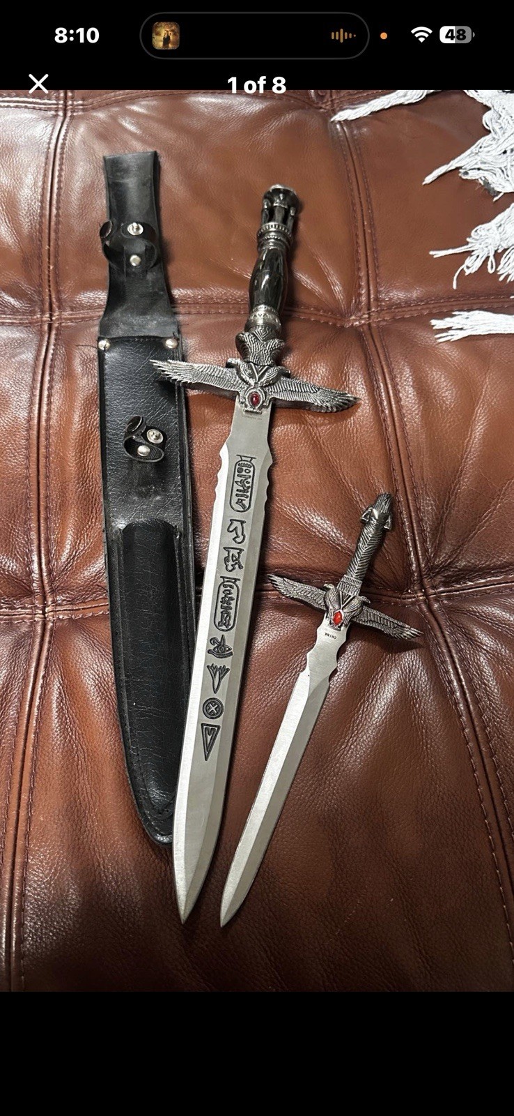 CLEOPATRA DAGGER SET w/LEATHER SHEATHE. Blade etched W/EGYPTIAN HEIROGLYPHICS