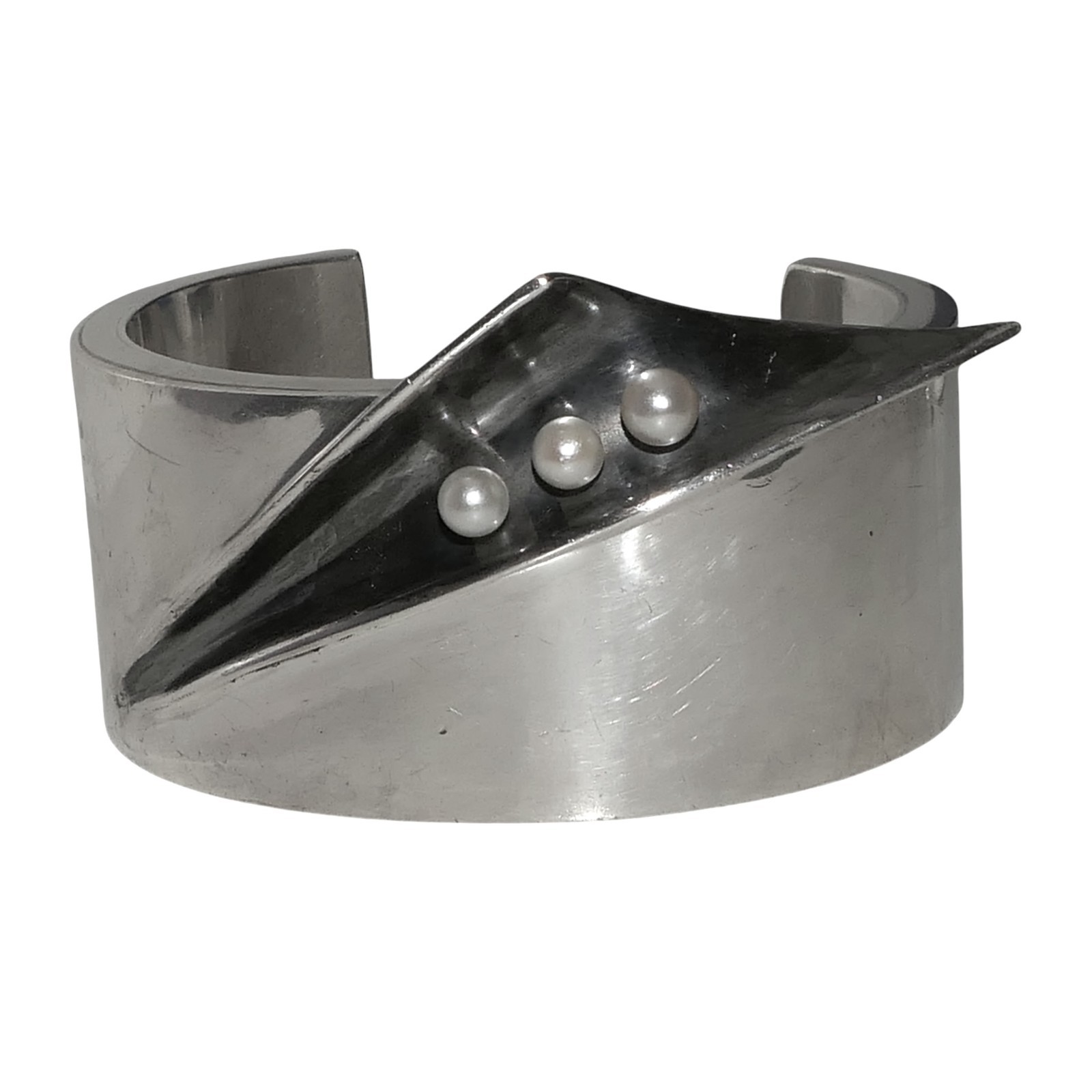 Antonio Pineda Sterling Silver & Pearl Taxco Mexican Cuff Bracelet 111Gr